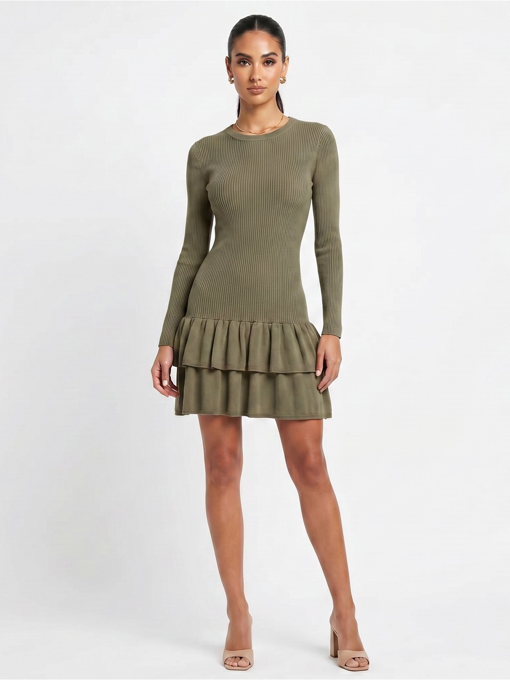 NWT! Derek Heart Ribknit Dropwaist Double Ruffle Olive Mini Dress, MEDIUM